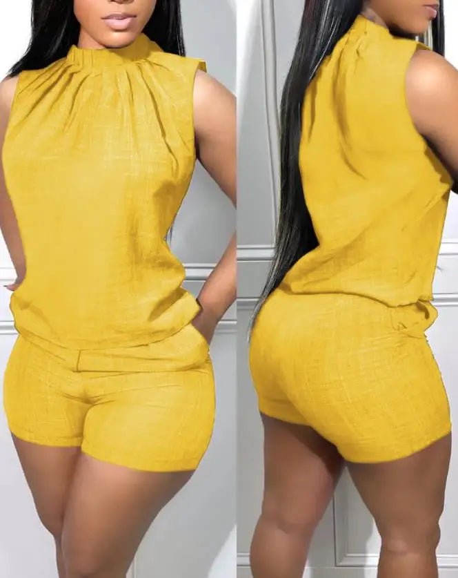 Two Piece Sets Womens Outifits Summer Fashion Denim Look Print Casual Mock Neck Sleeveless Tank Top & Pocket Design Shorts Set - EverHype