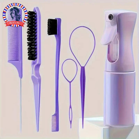 6pcs Hair Brush Set Spray Bottle Hair Braiding Loop Rat Tail Comb Teasing Hair Brsuh Edge Hair Brush Curly Hair Accessories - EverHype