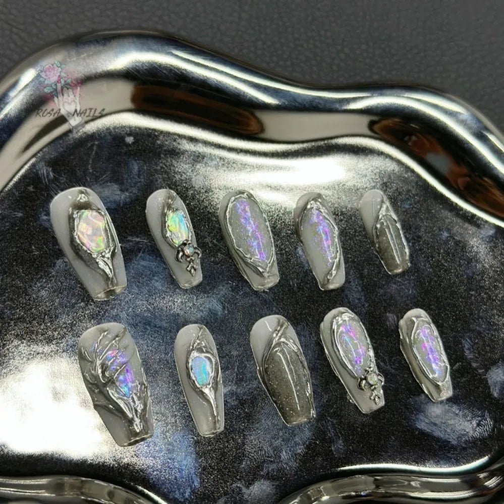 Fake Nails y2k Rainbow Discoloration Effect Handmade Tips Shine Chameleon Flakes Hologram Mirror Manicure Gothic Press on Nails - EverHype