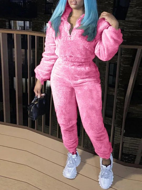 Winter New Plush Two Piece Set Casual Home Warm Suit For Women Fashion Zipper Lapel Pullover Top Elastic Waist Trousers Suit - EverHype