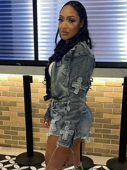 Denim 2 - Piece Set - Y2K Zip Jacket & Shorts Matching Outfit for Women - EverHype