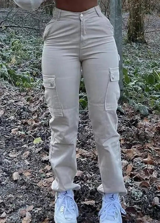 Women New Fashion Pocket Design High Waist Cargo Pants 2023 Cotton & Elastane Summer Women's Plain Daily Casual Trousers - EverHype