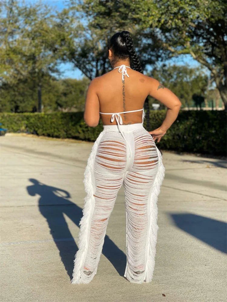 JRRY Sexy Women Knitted Set Two Pieces Set Halter Backless Bra Top Pants Crocheted 2 Pieces Set Hollow Out Crochet Beach Wear - EverHype
