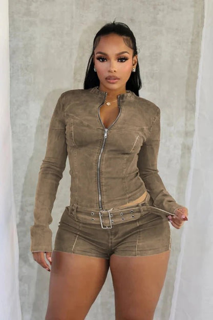 Sexy Denim Womens 2 Two Piece Set Stretchy Long Sleeve Zip Up Slim Jackets and Shorts Suits Y2k Streetwear Belt Jean Outfit Sets - EverHype