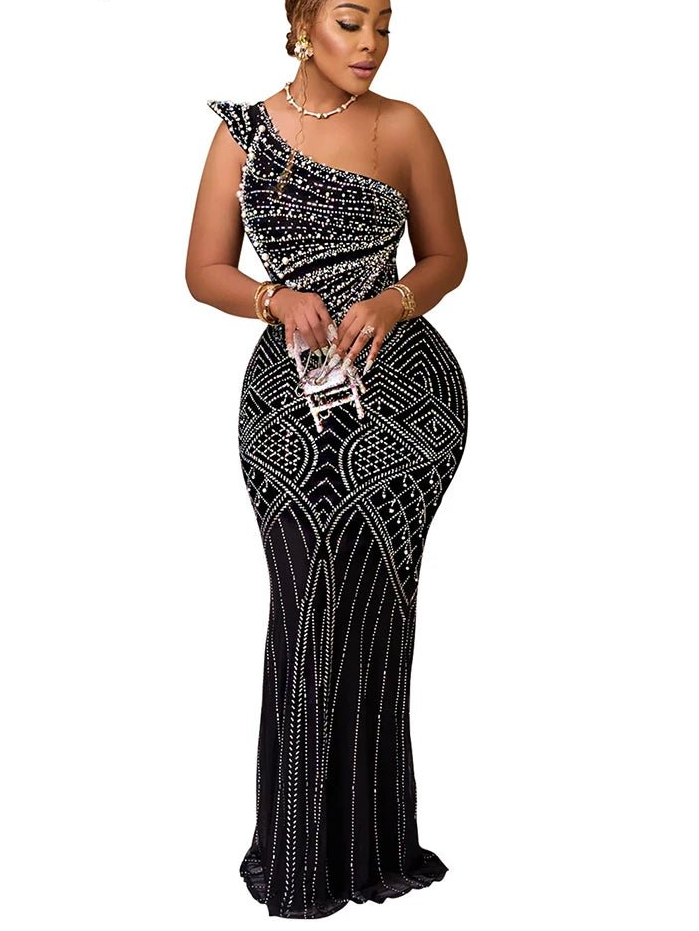 Rhinestone Evening Dress - Diagonal Collar Sleeveless Maxi | Luxury Party Dress - EverHype