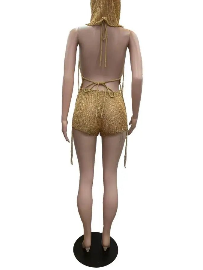 Joskaa Sequins Knit Beach 3 Piece Sets Women Sexy Backless Halter Irregular Top+Head Scarf+Shorts Matching Set Vacation Outfits - EverHype