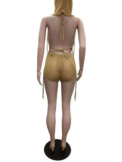 Joskaa Sequins Knit Beach 3 Piece Sets Women Sexy Backless Halter Irregular Top+Head Scarf+Shorts Matching Set Vacation Outfits - EverHype