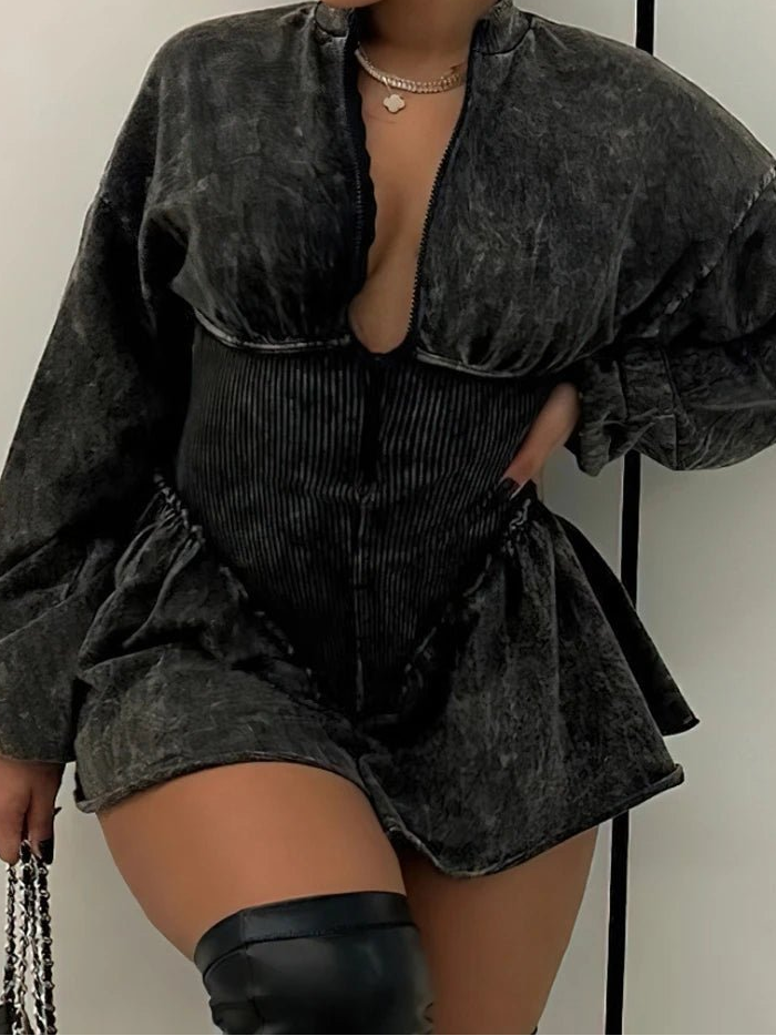 CM.YAYA Women Long Sleeve Zipper Ruched Tunic High Waist Flare Jumpsuit Washed Streetwear Chic One Piece Suit Romper Playsuit - EverHype