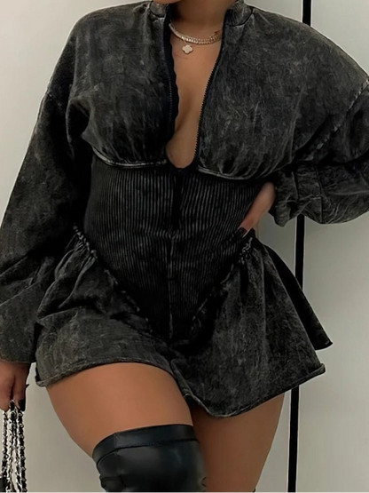 CM.YAYA Women Long Sleeve Zipper Ruched Tunic High Waist Flare Jumpsuit Washed Streetwear Chic One Piece Suit Romper Playsuit - EverHype