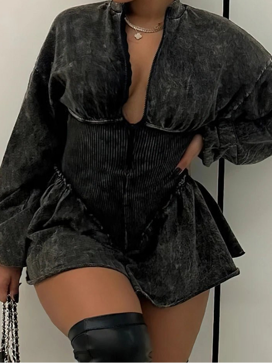 CM.YAYA Women Long Sleeve Zipper Ruched Tunic High Waist Flare Jumpsuit Washed Streetwear Chic One Piece Suit Romper Playsuit - EverHype