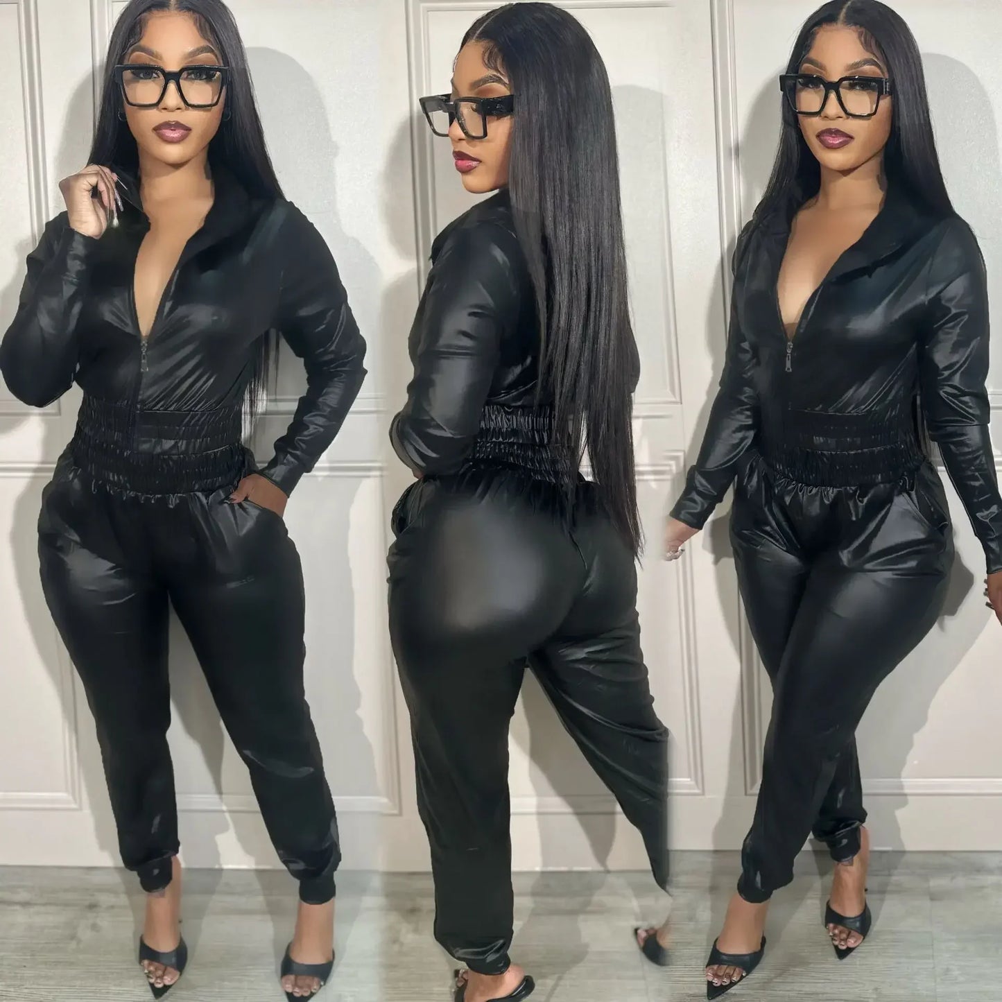 Faux Leather 2 - Piece Sweatsuit - Women's Hooded Jacket & Pants Set | Streetwear Outfit - EverHype