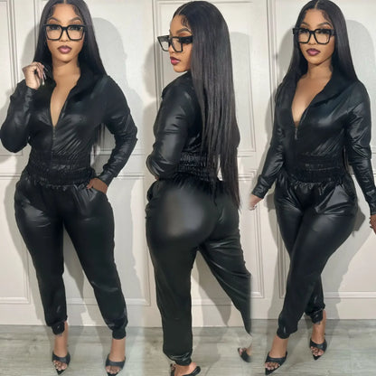 Faux Leather 2 - Piece Sweatsuit - Women's Hooded Jacket & Pants Set | Streetwear Outfit - EverHype