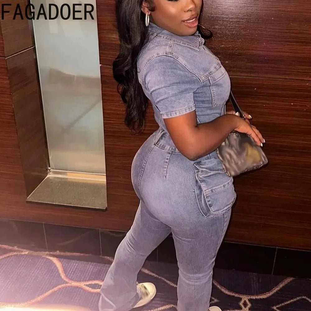 FAGADOER Blue Denim Jumpsuits Women Fashion Short Sleeve Lapel Cargo Pocket Stretchy Bodycon One Pieces Jeans Overall Streetwear - EverHype