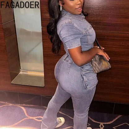 FAGADOER Blue Denim Jumpsuits Women Fashion Short Sleeve Lapel Cargo Pocket Stretchy Bodycon One Pieces Jeans Overall Streetwear - EverHype