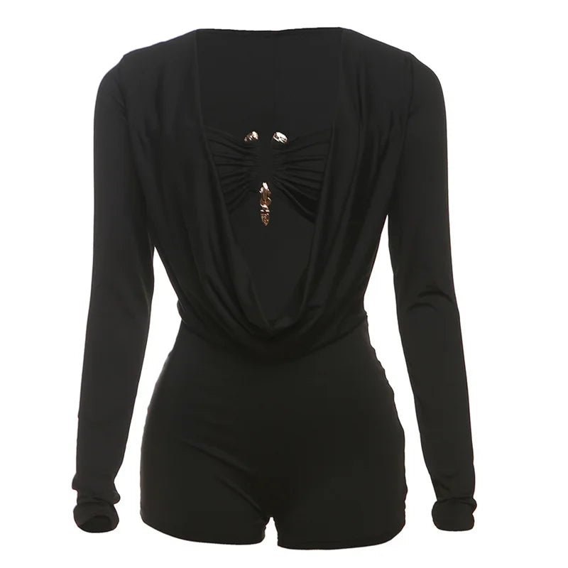 Jumpsuits for Women Sexy Deep V Neck Long Sleeve Romper Solid Color Bodycon Shorts Jumpsuit Club Wear One Piece Going Out Outfit - EverHype