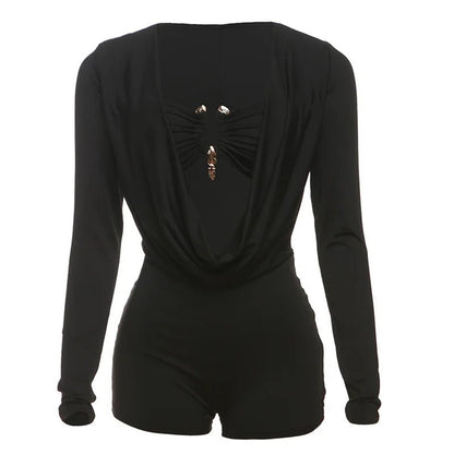 Jumpsuits for Women Sexy Deep V Neck Long Sleeve Romper Solid Color Bodycon Shorts Jumpsuit Club Wear One Piece Going Out Outfit - EverHype