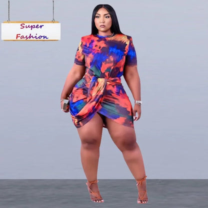 Plus Size Tie - Dye Mini Dress - Short Sleeve Irregular Hem | Summer Fashion - EverHype