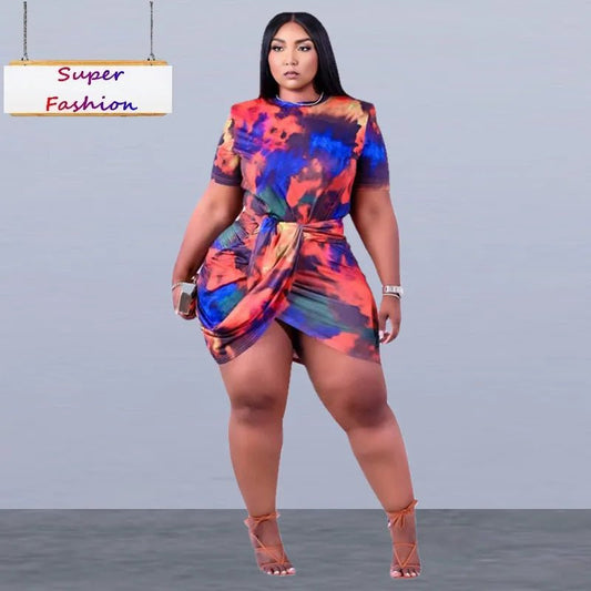 Plus Size Tie - Dye Mini Dress - Short Sleeve Irregular Hem | Summer Fashion - EverHype