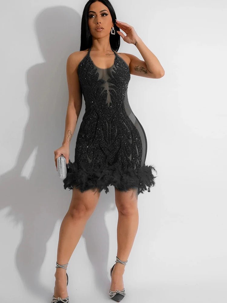 Mesh Sequin Feather Glam Dress - Sleeveless Party Dress | Birthday & Night Out - EverHype