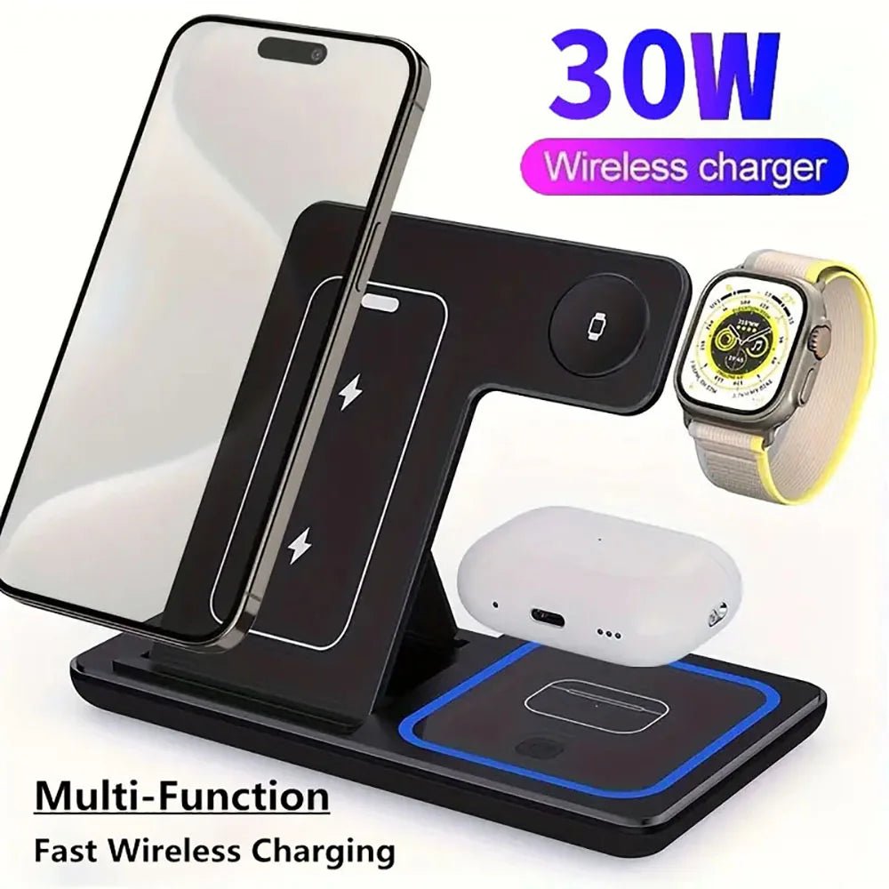 30W 3 in 1 Magnetic Fast Wireless Charger Stand Foldable Charging Station For iPhone 15 14 13 Apple Watch 9 8 7 6 5 Airpods Pro - EverHype