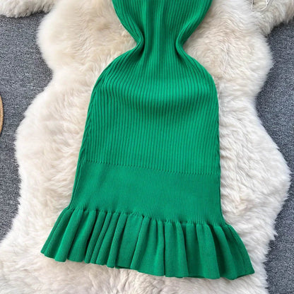 Summer Knitted Bodycon Sexy Dress 2026 O Neck Sleeveless Ruffled Party Sundress High Street Elastic Slim Short Dress - EverHype