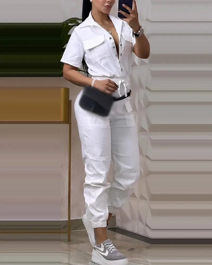Women's Cargo Jumpsuit - Short Sleeve Pocket Design Drawstring | Working Jumpsuit - EverHype