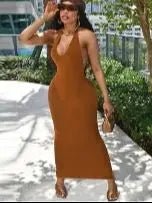 Dulzura Pure Halter V Neck Midi Dress Backless Sleeveless Bodycon Sexy Streetwear Party Elegant Club 2021 Summer Clothes - EverHype