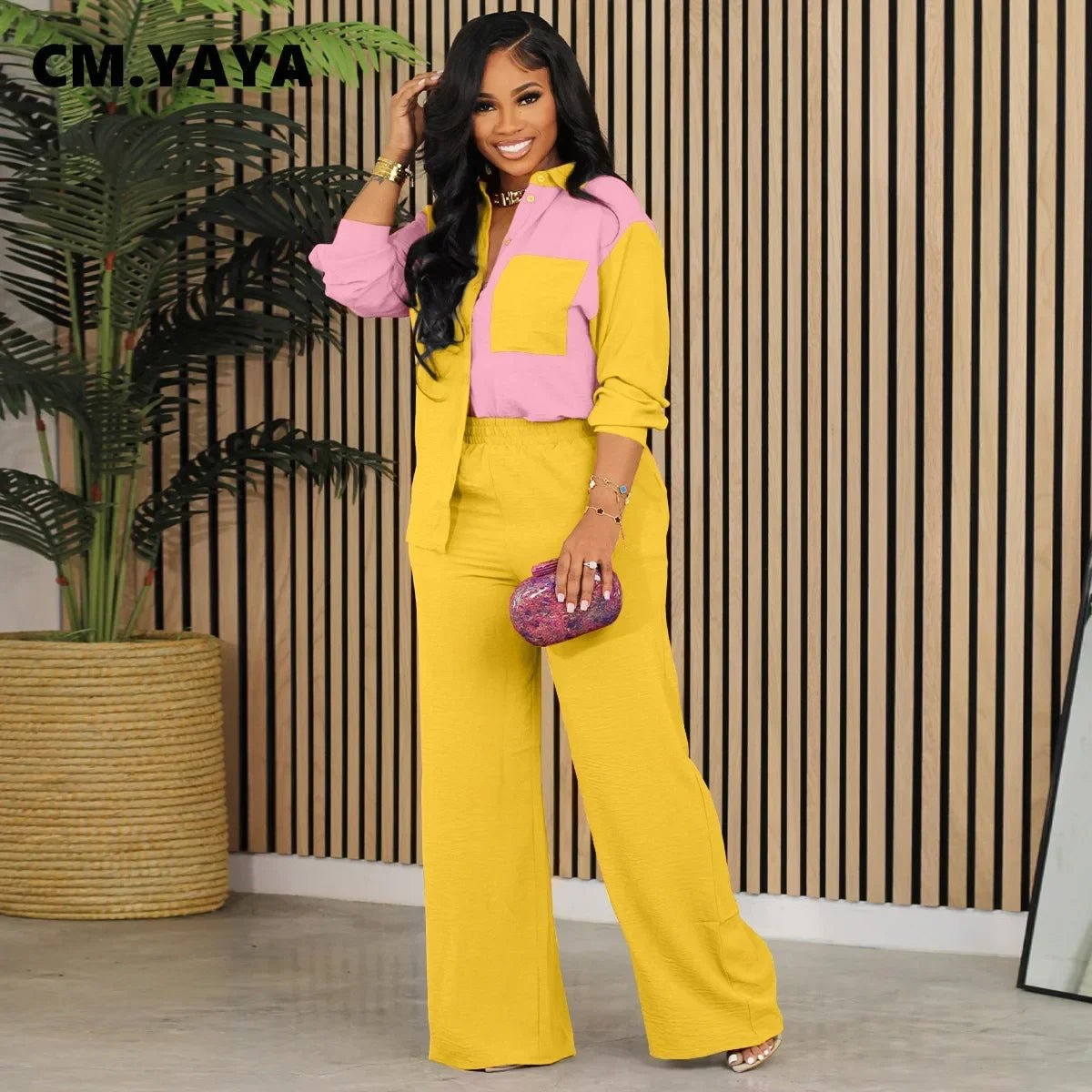 CM.YAYA Fashion Women's Set Long Sleeve Colorblocked Shirt and Wide Leg Straight Pants 2023 Two 2 Piece Sets Outfits Tracksuit - EverHype