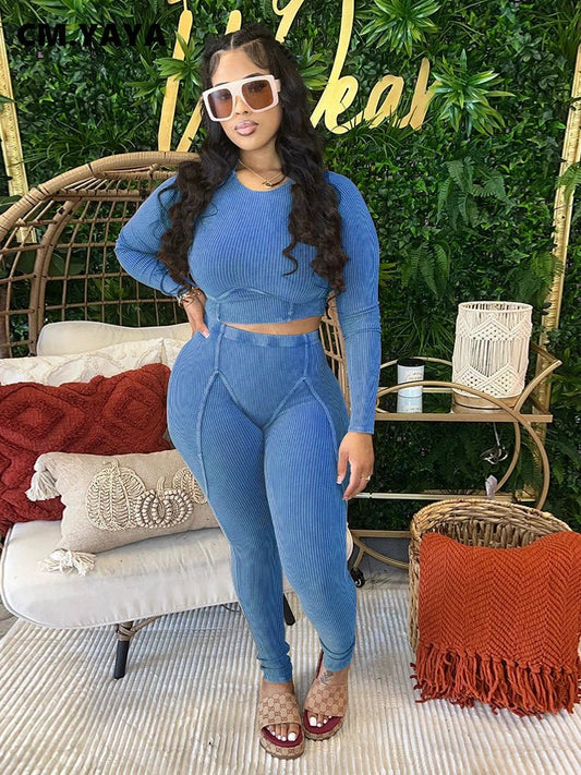 CM.YAYA Knit Ribbed Women's Set Long Sleeve T-shirt and Legging Pants 2023 Fashion Fitness Yoga Two 2 Piece Set Outfit Tracksuit - EverHype