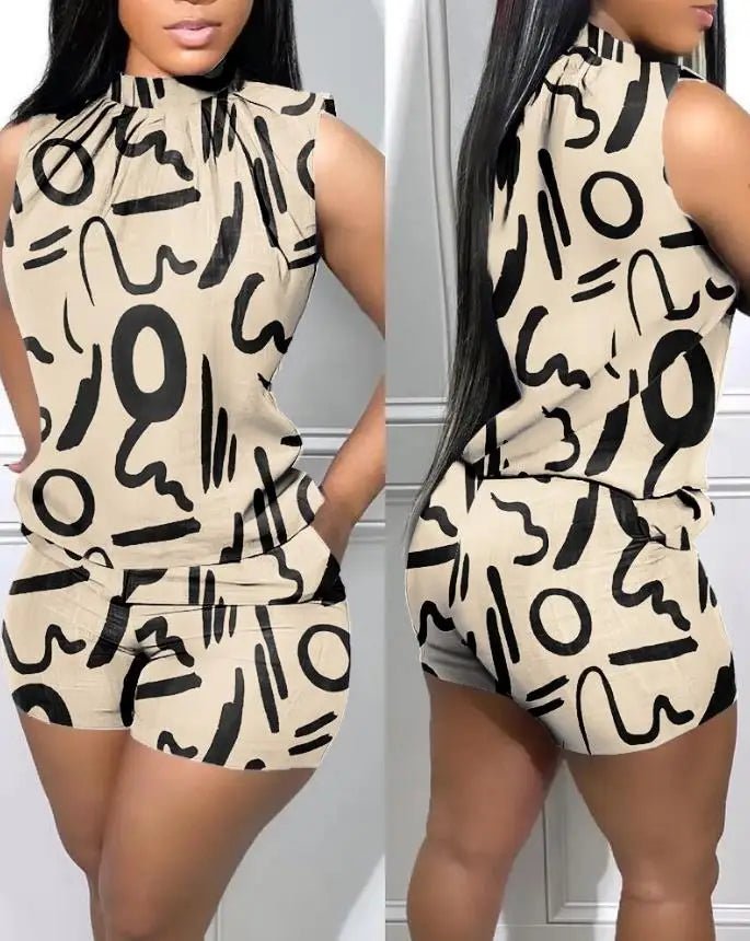 Two Piece Sets Womens Outifits Summer Fashion Denim Look Print Casual Mock Neck Sleeveless Tank Top & Pocket Design Shorts Set - EverHype