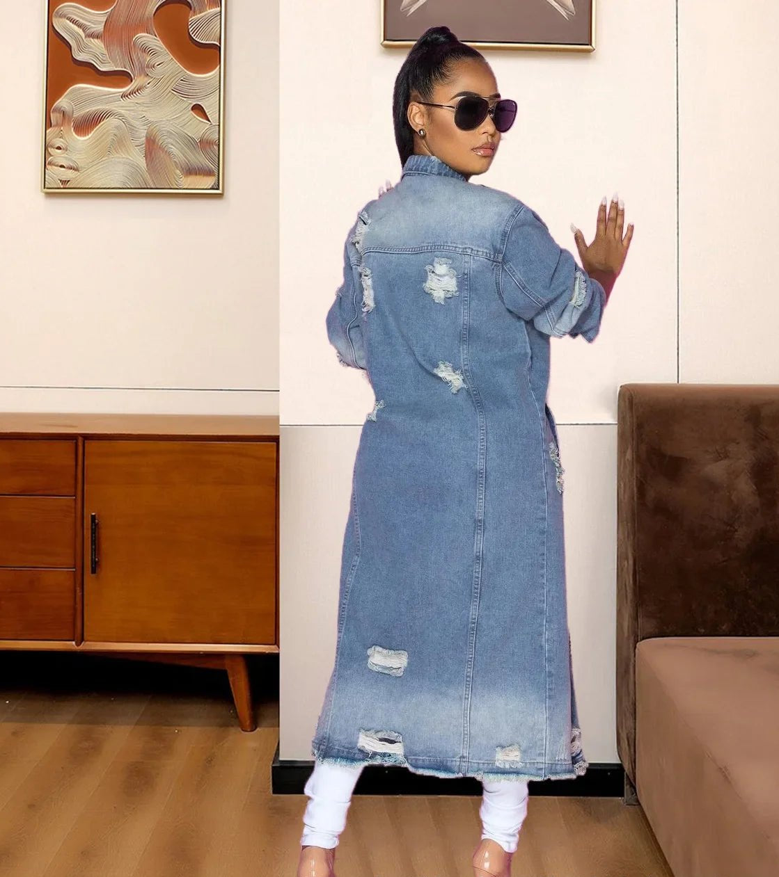 Ripped Raw Hem Button Front Longline Denim Coat Women Cardigan Breasted Holes Jackets Pockets High Street Outerwear Autumn - EverHype
