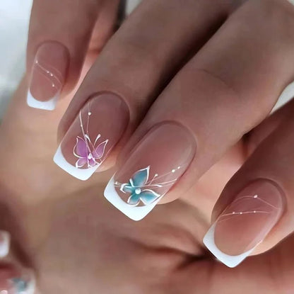 24Pcs Short Square Head Fake Nail with Colorful Flower Designs Wearable French False Nails Ballet Finished Jelly Stick on Nails - EverHype