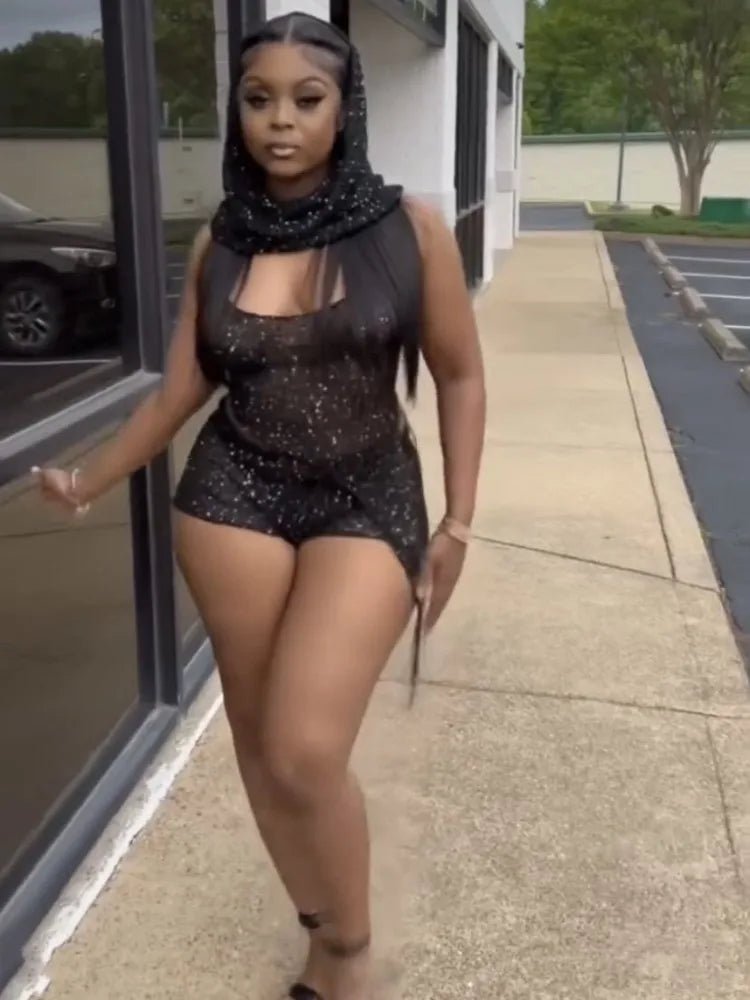 Joskaa Sequins Knit Beach 3 Piece Sets Women Sexy Backless Halter Irregular Top+Head Scarf+Shorts Matching Set Vacation Outfits - EverHype