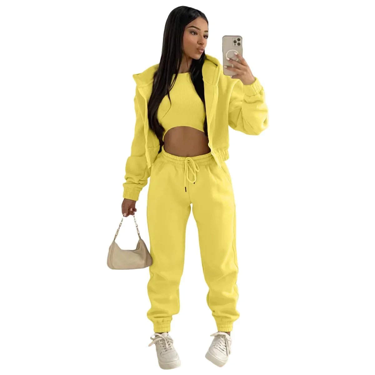 3pcs Women's Clothing Set Fleece - lined Hooded Sweater &Sleeveless Tank Top & Sports Sweatpants Pants - EverHype