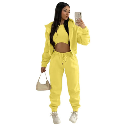 3pcs Women's Clothing Set Fleece - lined Hooded Sweater &Sleeveless Tank Top & Sports Sweatpants Pants - EverHype