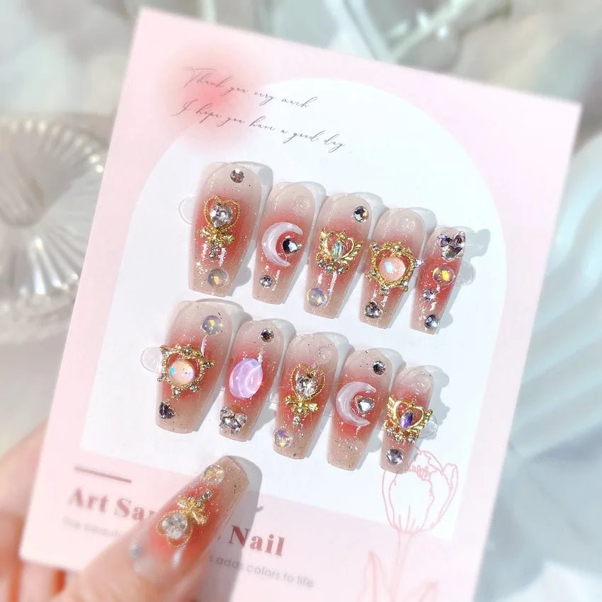24pcs/box Luxury Pink Long Coffin Fake Nails Y2K Moon Star Rhinestones Press On Nails Handmade Full Cover Reusable False Nails - EverHype