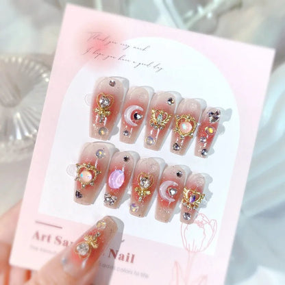 24pcs/box Luxury Pink Long Coffin Fake Nails Y2K Moon Star Rhinestones Press On Nails Handmade Full Cover Reusable False Nails - EverHype
