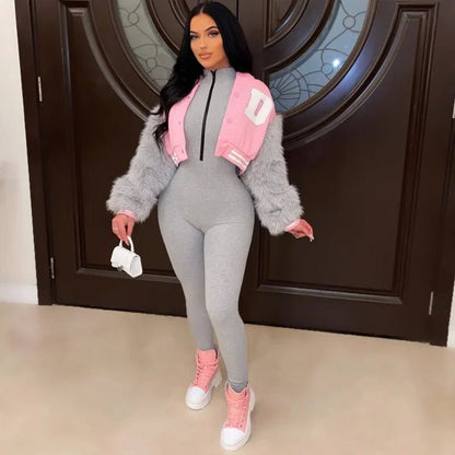 Women's Fur Sleeve Varsity Jacket - D Letter Cropped Baseball Jacket | Streetwear - EverHype