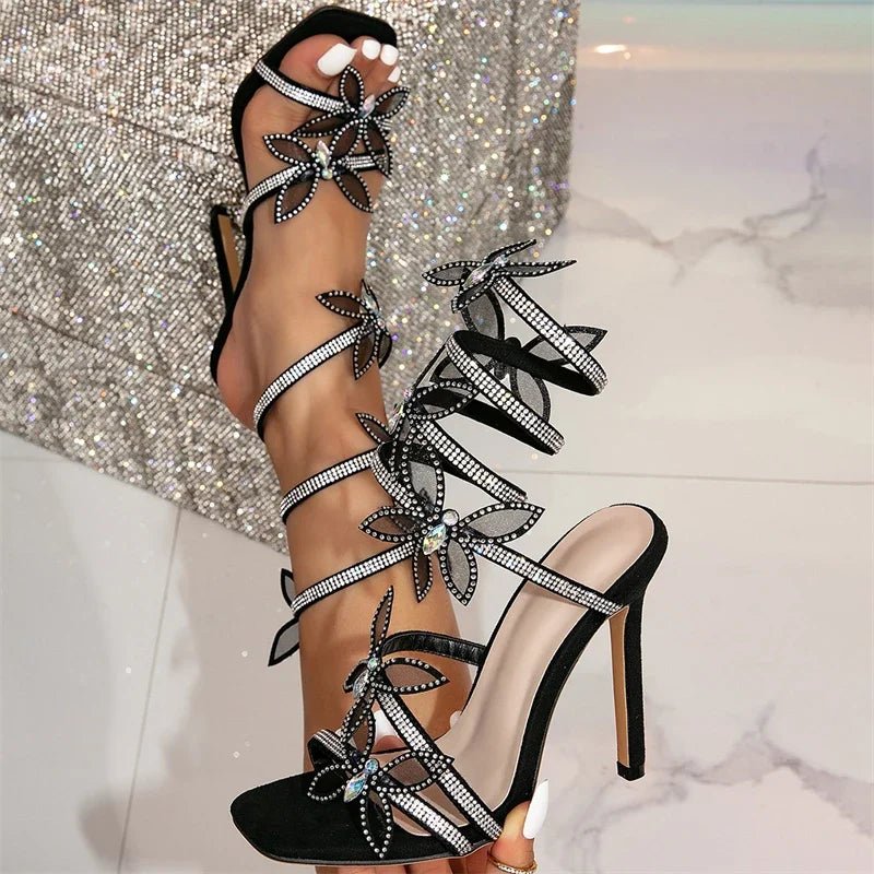 Eilyken Fashion Sexy Peep Toe Crystal Butterfly - knot Ankle Strap Sandals Woman Stiletto High Heels Banquet Party Pumps Shoes - EverHype