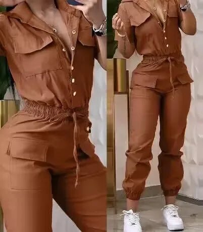Women's Cargo Jumpsuit - Short Sleeve Pocket Design Drawstring | Working Jumpsuit - EverHype