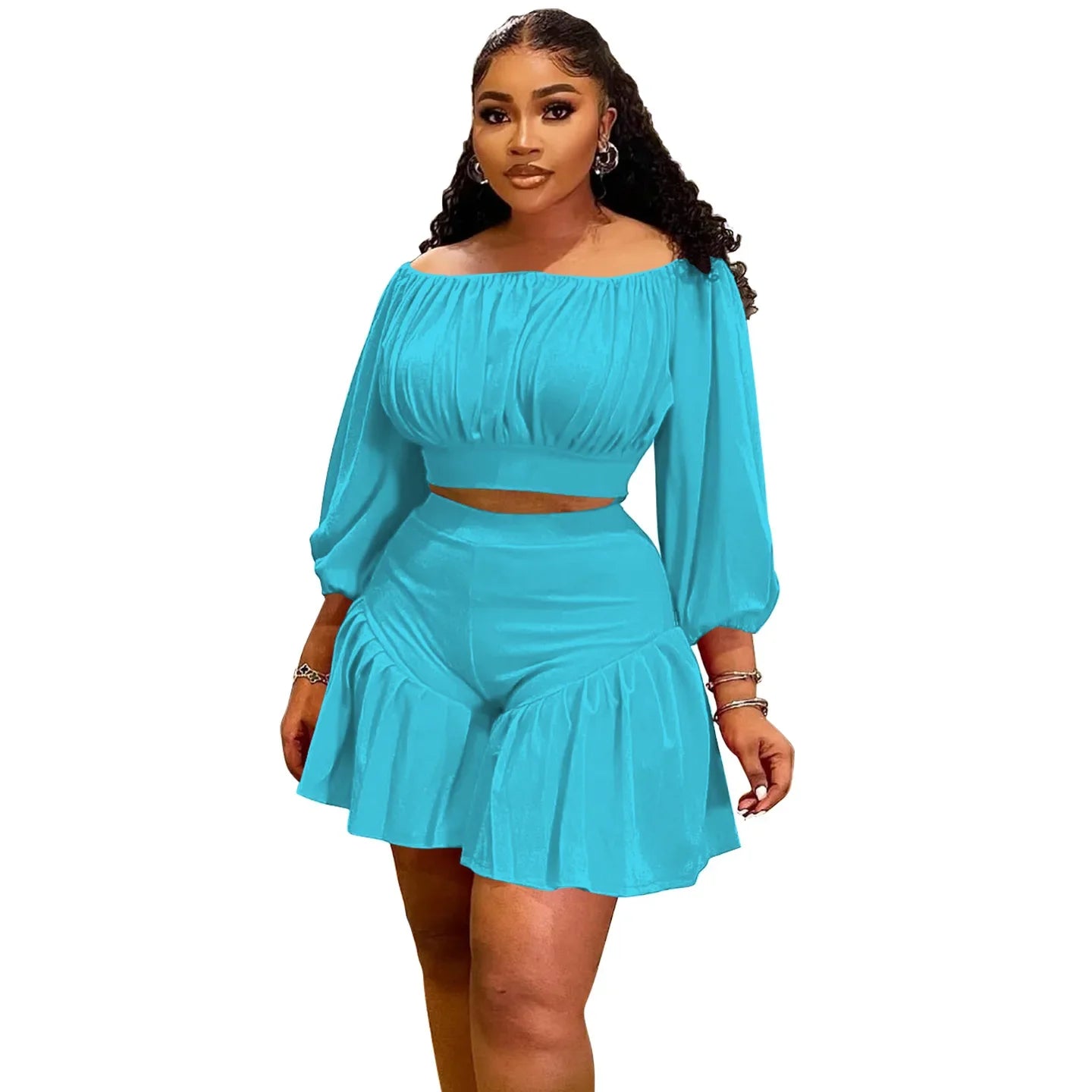 Plus Size 2 - Piece Set - Long Sleeve Slash Neck Top & Shorts for Women - EverHype