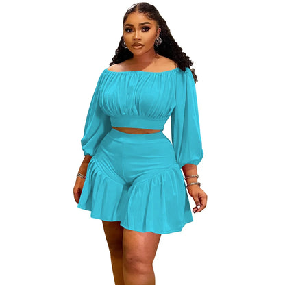 Plus Size 2 - Piece Set - Long Sleeve Slash Neck Top & Shorts for Women - EverHype