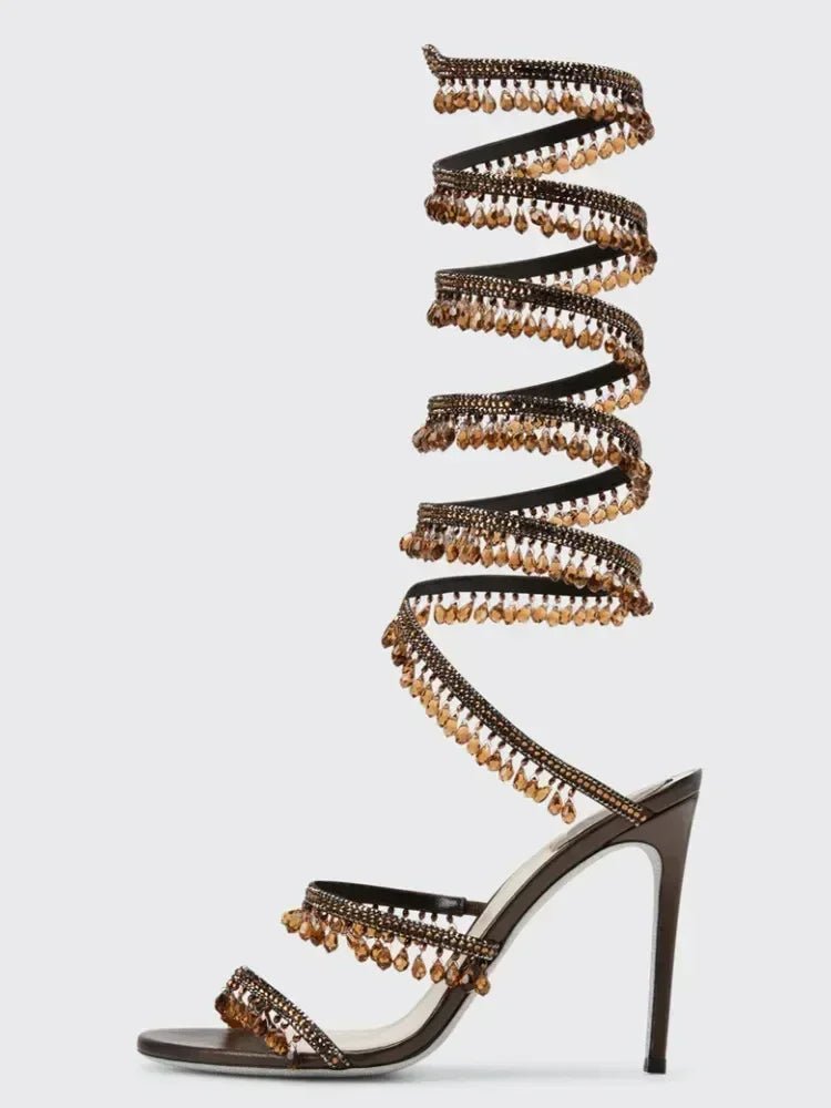 2025 Women's New Fashion Tassel Crystal Shoes Sexy Banquet Party Stiletto High Heels Women's Large Sandals Dance Shoes - EverHype