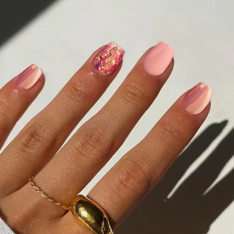 24Pcs Short Square Head Fake Nail with Colorful Flower Designs Wearable French False Nails Ballet Finished Jelly Stick on Nails - EverHype