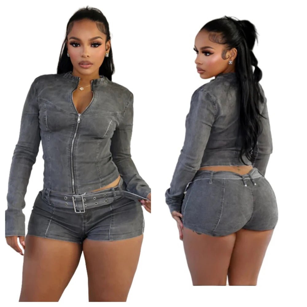 Sexy Denim Womens 2 Two Piece Set Stretchy Long Sleeve Zip Up Slim Jackets and Shorts Suits Y2k Streetwear Belt Jean Outfit Sets - EverHype