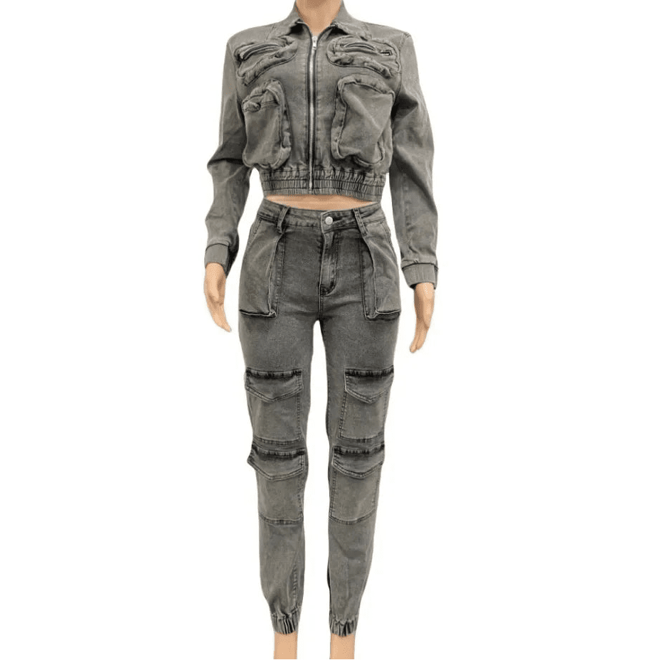 Women's Denim 2 - Piece Set - Zip Crop Jacket & Cargo Jeans | Streetwear Outfit - EverHype