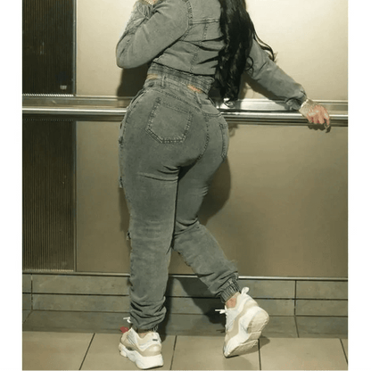 Women's Denim 2 - Piece Set - Zip Crop Jacket & Cargo Jeans | Streetwear Outfit - EverHype