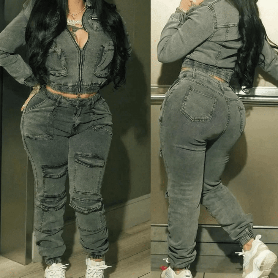 Women's Denim 2 - Piece Set - Zip Crop Jacket & Cargo Jeans | Streetwear Outfit - EverHype