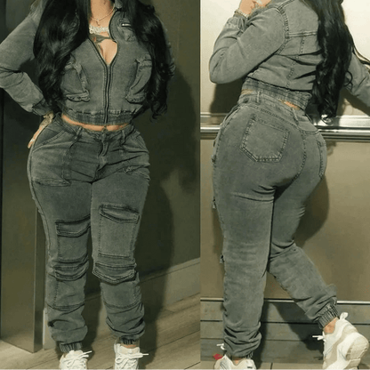 Women's Denim 2 - Piece Set - Zip Crop Jacket & Cargo Jeans | Streetwear Outfit - EverHype