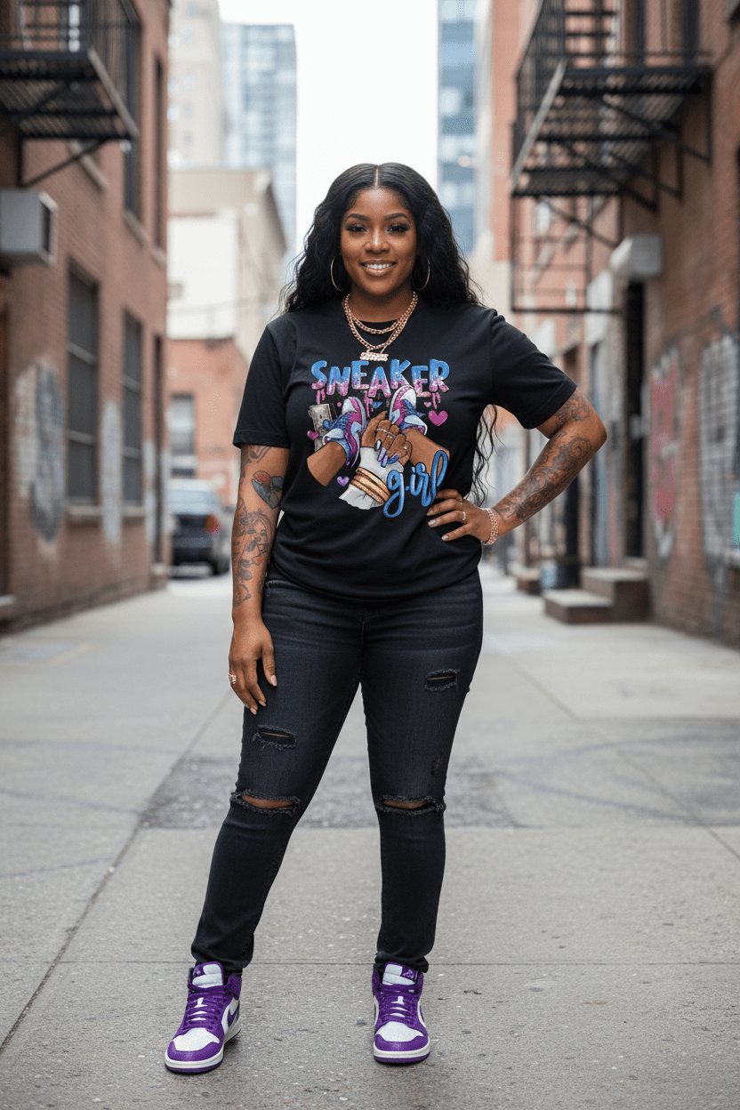 Plus Size Sneaker Girl Graphic T-Shirt - Casual Crew Neck Top - EverHype